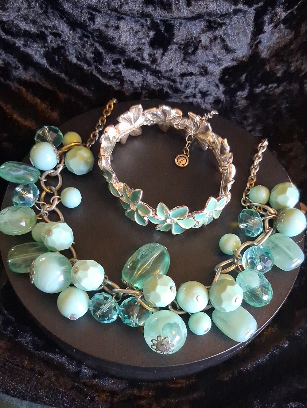 Aqua Beaded Statement Necklace and Floral Bracelet Set